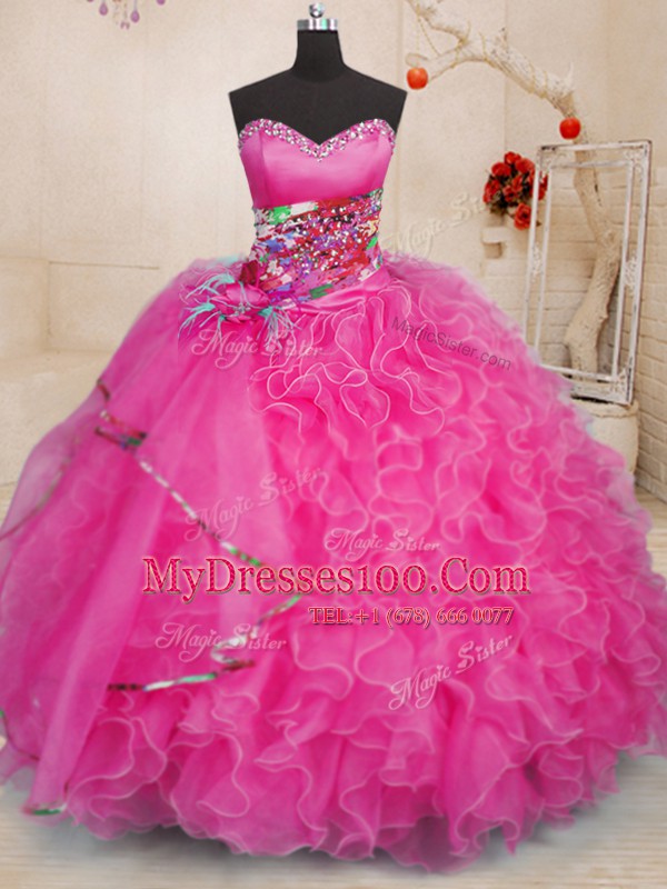 Simple Organza Sweetheart Sleeveless Lace Up Beading and Ruffles Vestidos de Quinceanera in Hot Pink