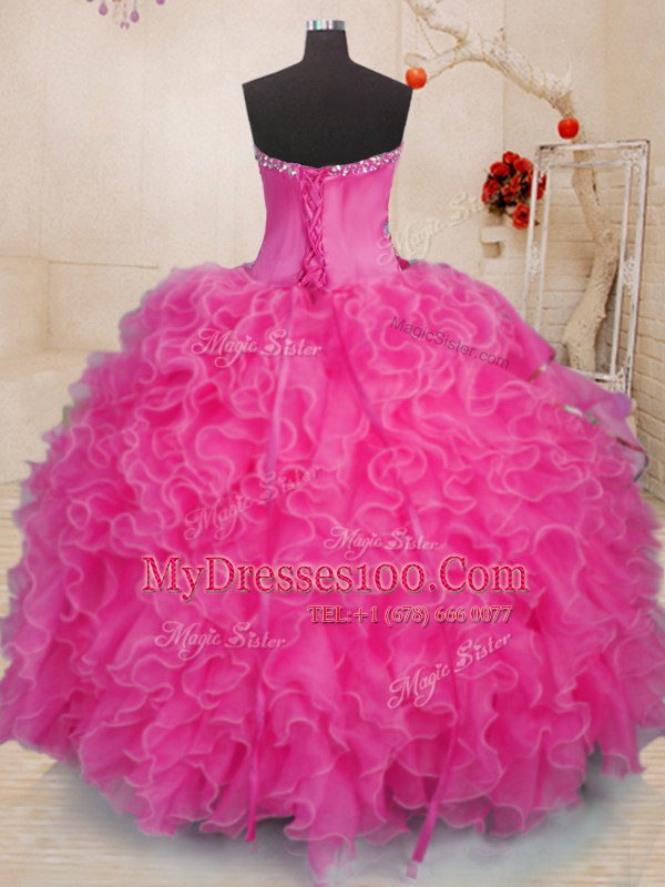 Simple Organza Sweetheart Sleeveless Lace Up Beading and Ruffles Vestidos de Quinceanera in Hot Pink