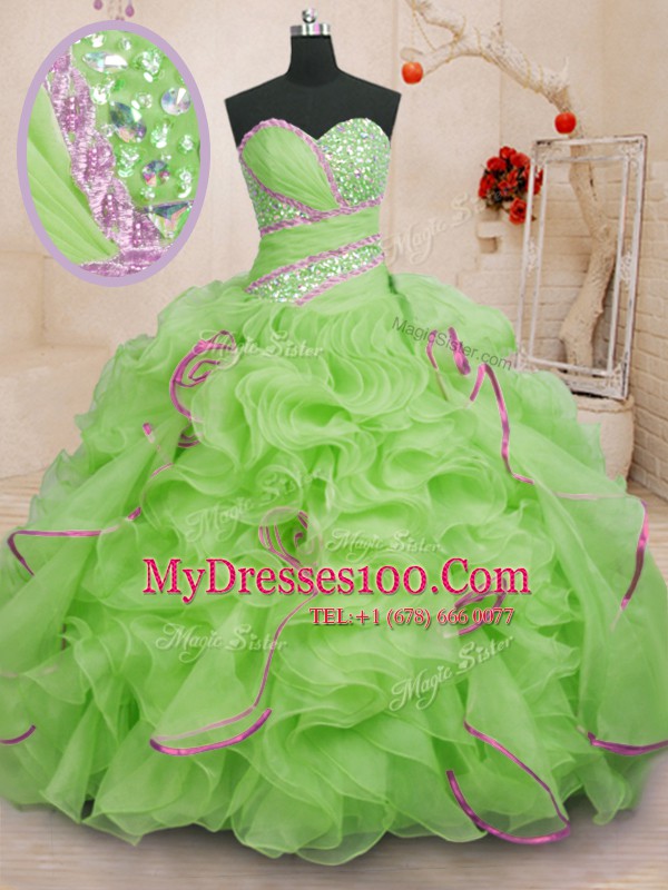 Hot Selling Sleeveless With Train Beading and Ruffles Lace Up Quinceanera Dress with Brush Train