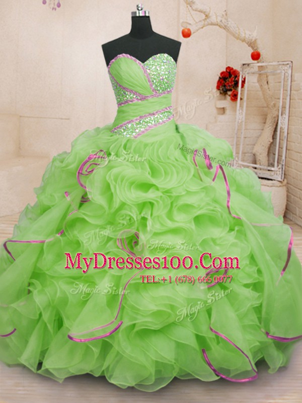 Hot Selling Sleeveless With Train Beading and Ruffles Lace Up Quinceanera Dress with Brush Train