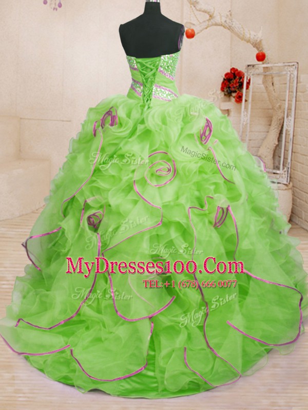 Hot Selling Sleeveless With Train Beading and Ruffles Lace Up Quinceanera Dress with Brush Train