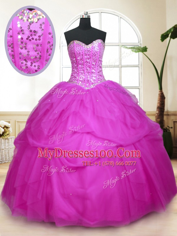 Floor Length Lace Up Quinceanera Dresses Fuchsia for Military Ball and Sweet 16 and Quinceanera with Sequins and Pick Ups