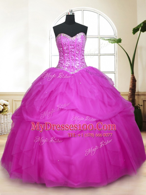 Floor Length Lace Up Quinceanera Dresses Fuchsia for Military Ball and Sweet 16 and Quinceanera with Sequins and Pick Ups