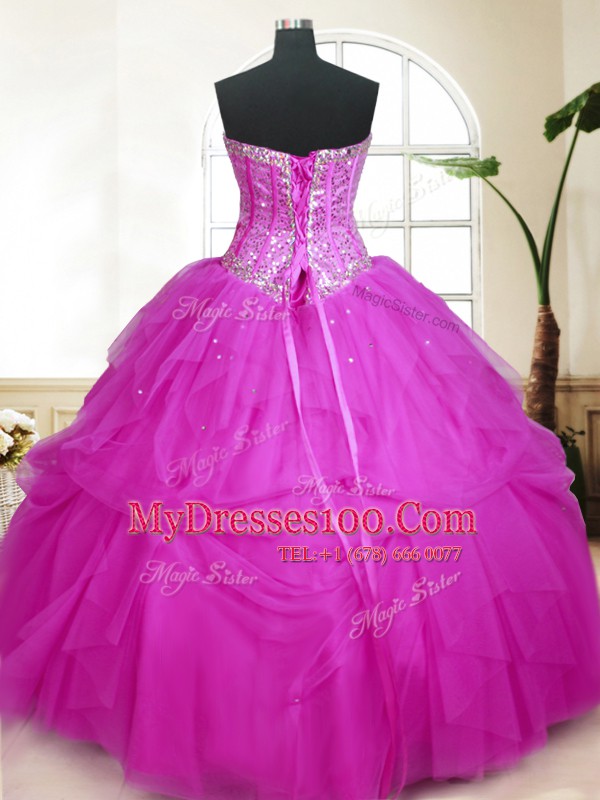 Floor Length Lace Up Quinceanera Dresses Fuchsia for Military Ball and Sweet 16 and Quinceanera with Sequins and Pick Ups
