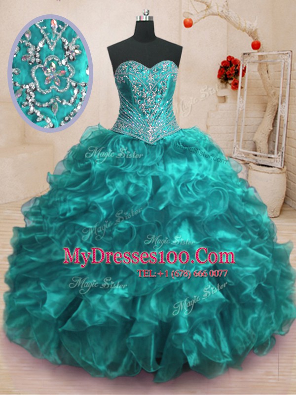 Sweep Train Ball Gowns 15 Quinceanera Dress Teal Sweetheart Organza Sleeveless With Train Lace Up