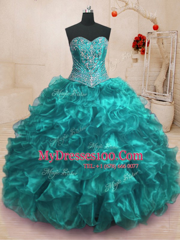 Sweep Train Ball Gowns 15 Quinceanera Dress Teal Sweetheart Organza Sleeveless With Train Lace Up