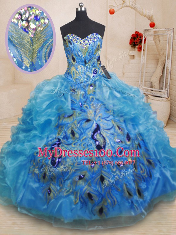 Stunning Baby Blue Organza Zipper Quinceanera Dress Sleeveless Floor Length Beading and Appliques and Ruffles