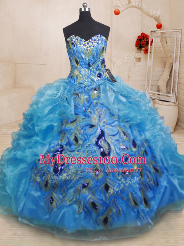 Stunning Baby Blue Organza Zipper Quinceanera Dress Sleeveless Floor Length Beading and Appliques and Ruffles