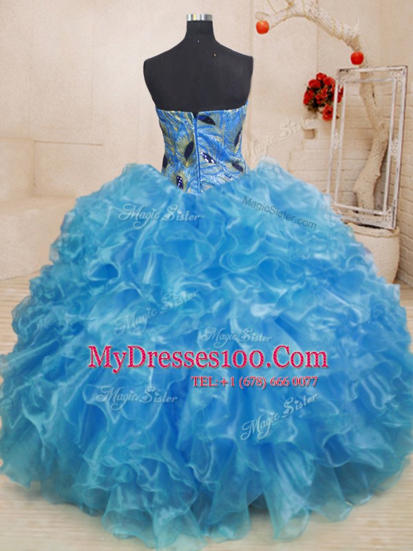 Stunning Baby Blue Organza Zipper Quinceanera Dress Sleeveless Floor Length Beading and Appliques and Ruffles