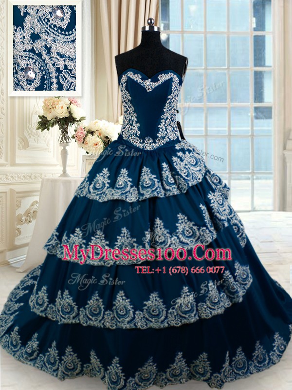 Flare Ruffled Court Train A-line Vestidos de Quinceanera Navy Blue Sweetheart Taffeta Sleeveless With Train Lace Up