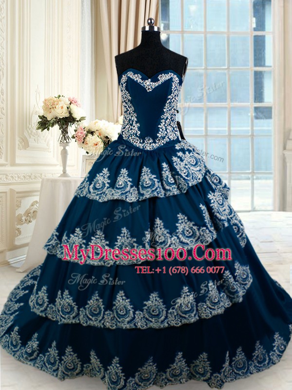 Flare Ruffled Court Train A-line Vestidos de Quinceanera Navy Blue Sweetheart Taffeta Sleeveless With Train Lace Up