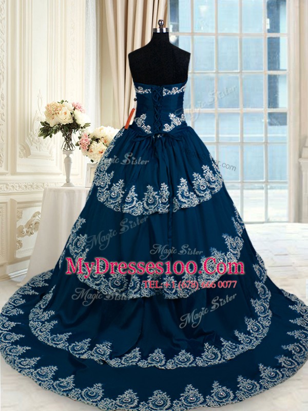 Flare Ruffled Court Train A-line Vestidos de Quinceanera Navy Blue Sweetheart Taffeta Sleeveless With Train Lace Up