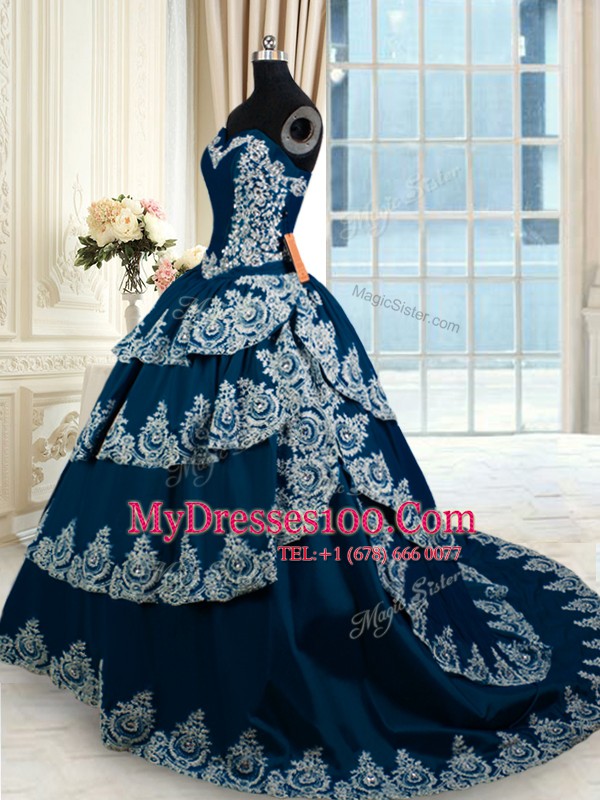 Flare Ruffled Court Train A-line Vestidos de Quinceanera Navy Blue Sweetheart Taffeta Sleeveless With Train Lace Up