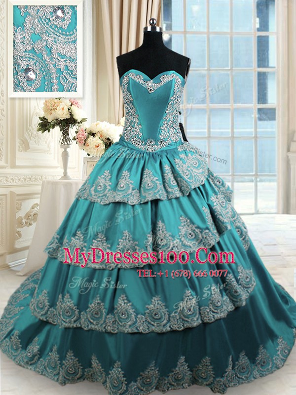 Gorgeous Ruffled With Train Ball Gowns Sleeveless Teal Ball Gown Prom Dress Lace Up