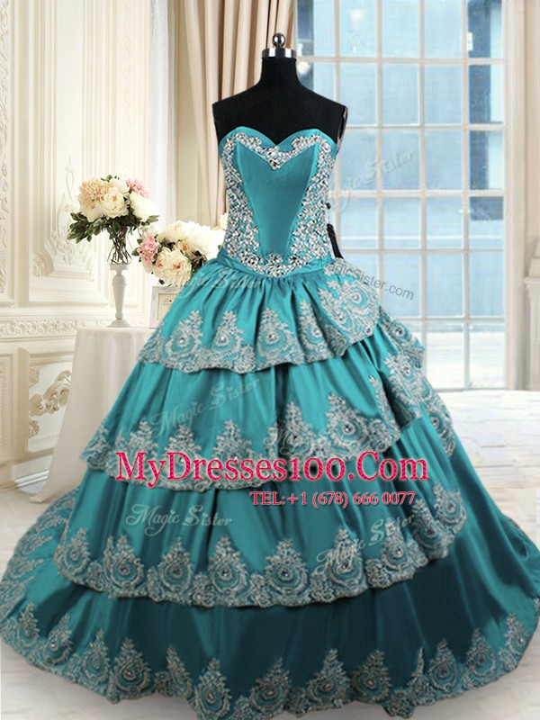 Gorgeous Ruffled With Train Ball Gowns Sleeveless Teal Ball Gown Prom Dress Lace Up