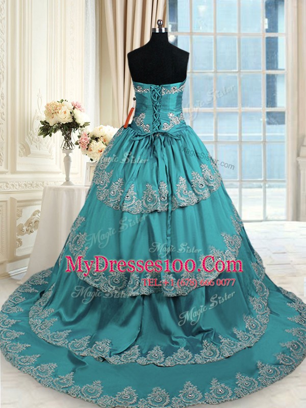 Gorgeous Ruffled With Train Ball Gowns Sleeveless Teal Ball Gown Prom Dress Lace Up