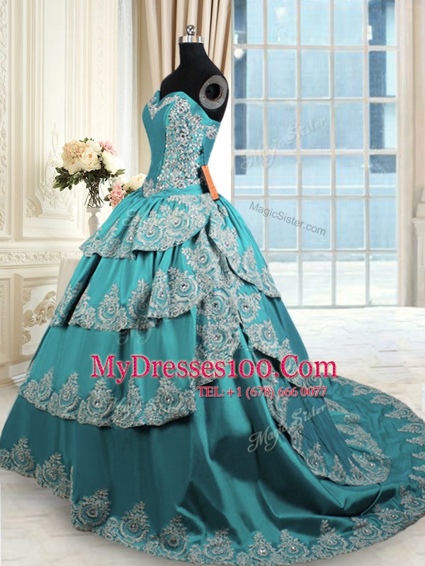Gorgeous Ruffled With Train Ball Gowns Sleeveless Teal Ball Gown Prom Dress Lace Up