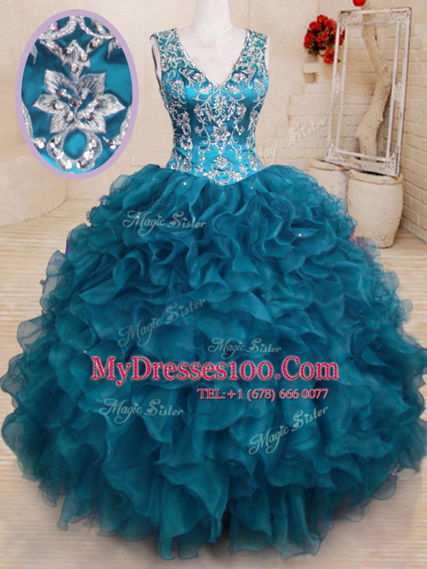 Luxury Teal Organza Backless V-neck Sleeveless Floor Length Sweet 16 Quinceanera Dress Beading and Embroidery and Ruffles