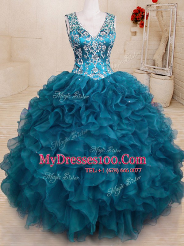 Luxury Teal Organza Backless V-neck Sleeveless Floor Length Sweet 16 Quinceanera Dress Beading and Embroidery and Ruffles