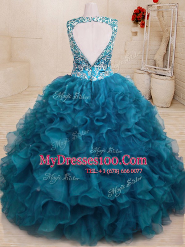 Luxury Teal Organza Backless V-neck Sleeveless Floor Length Sweet 16 Quinceanera Dress Beading and Embroidery and Ruffles