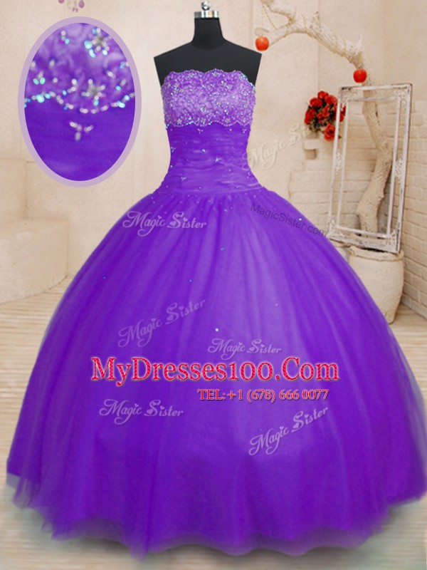 Purple Ball Gowns Beading Sweet 16 Quinceanera Dress Lace Up Tulle Sleeveless Floor Length