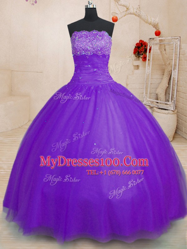 Purple Ball Gowns Beading Sweet 16 Quinceanera Dress Lace Up Tulle Sleeveless Floor Length