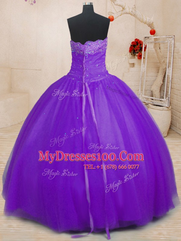 Purple Ball Gowns Beading Sweet 16 Quinceanera Dress Lace Up Tulle Sleeveless Floor Length