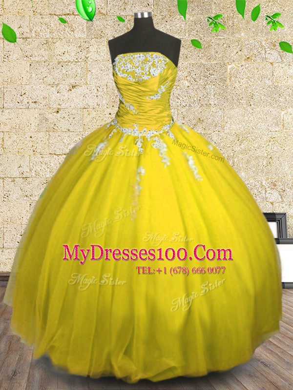 Tulle Strapless Sleeveless Lace Up Appliques and Ruching Quinceanera Dresses in Yellow