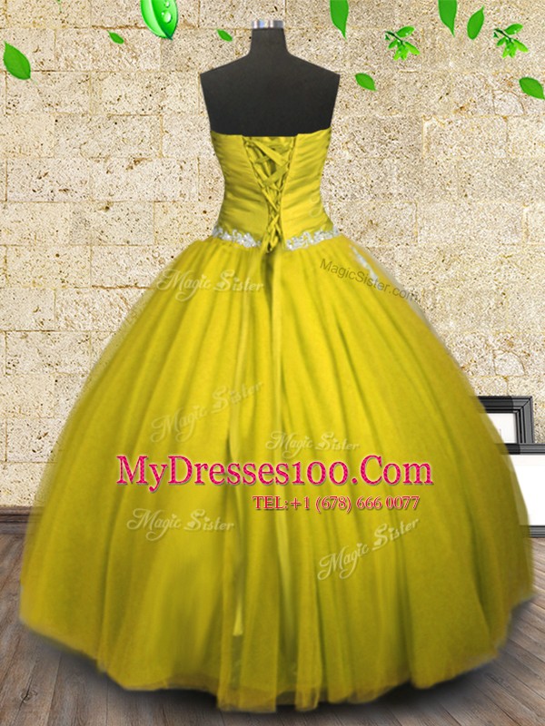 Tulle Strapless Sleeveless Lace Up Appliques and Ruching Quinceanera Dresses in Yellow