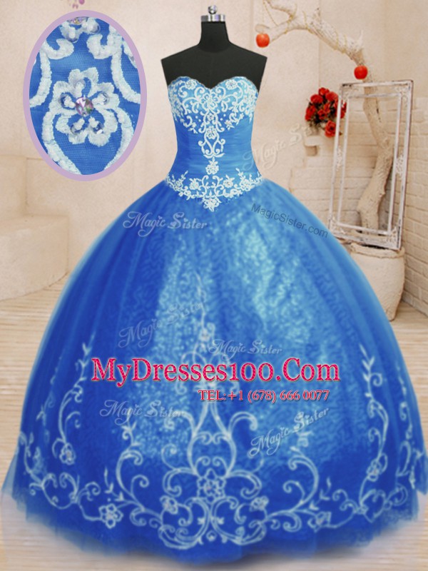 Low Price Floor Length Lace Up 15 Quinceanera Dress Blue for Military Ball and Sweet 16 and Quinceanera with Beading and Appliques