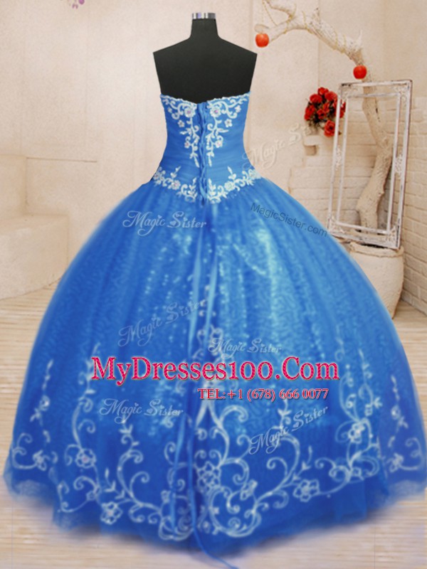 Low Price Floor Length Lace Up 15 Quinceanera Dress Blue for Military Ball and Sweet 16 and Quinceanera with Beading and Appliques