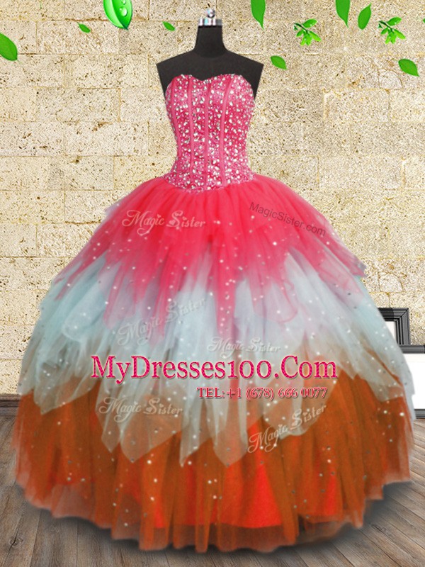Floor Length Lace Up Sweet 16 Dress Multi-color for Military Ball and Sweet 16 and Quinceanera with Beading and Ruffles and Ruffled Layers