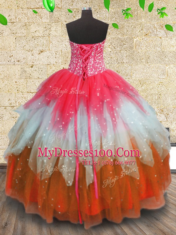 Floor Length Lace Up Sweet 16 Dress Multi-color for Military Ball and Sweet 16 and Quinceanera with Beading and Ruffles and Ruffled Layers