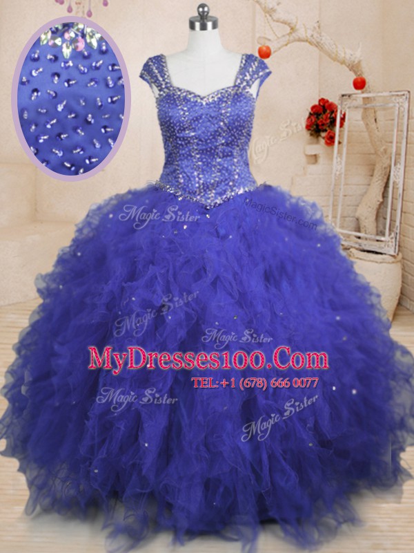 Royal Blue Quinceanera Gowns Military Ball and Sweet 16 and Quinceanera and For with Beading and Ruffles and Sequins Square Cap Sleeves Lace Up
