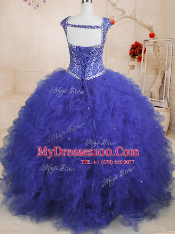 Royal Blue Quinceanera Gowns Military Ball and Sweet 16 and Quinceanera and For with Beading and Ruffles and Sequins Square Cap Sleeves Lace Up