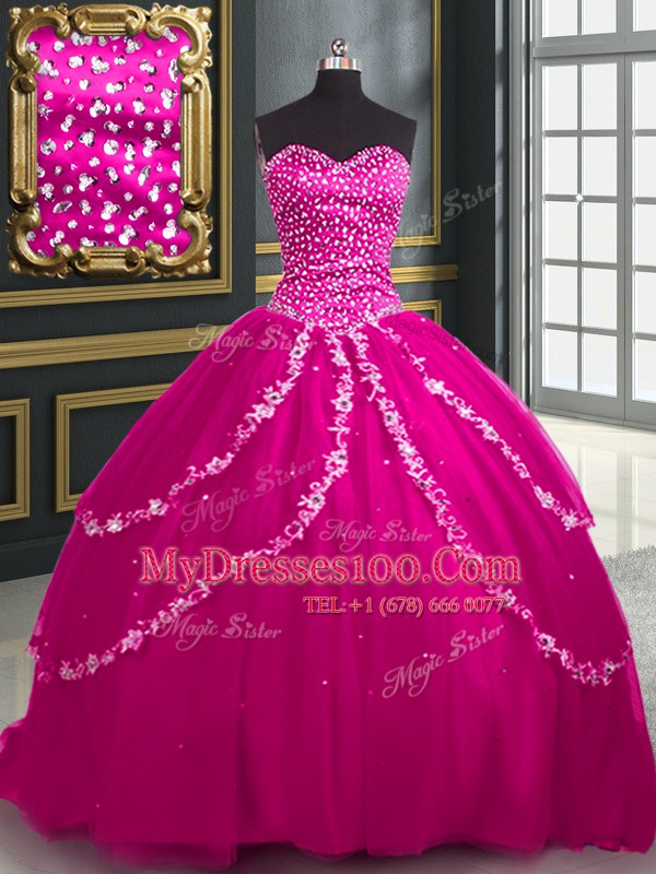 Deluxe Fuchsia Ball Gowns Beading and Appliques 15 Quinceanera Dress Lace Up Tulle Sleeveless With Train
