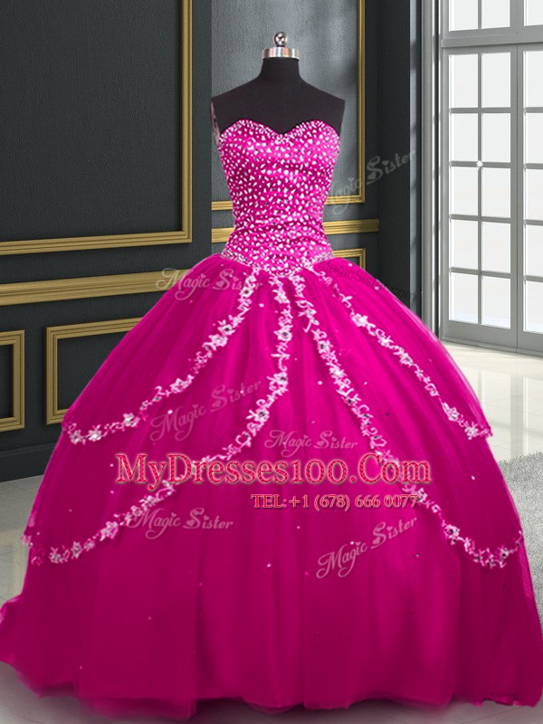 Deluxe Fuchsia Ball Gowns Beading and Appliques 15 Quinceanera Dress Lace Up Tulle Sleeveless With Train