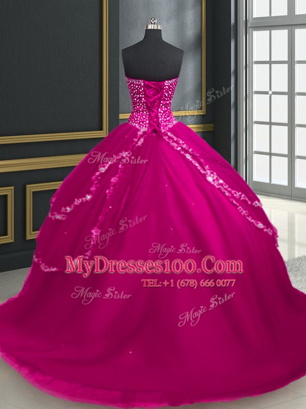 Deluxe Fuchsia Ball Gowns Beading and Appliques 15 Quinceanera Dress Lace Up Tulle Sleeveless With Train