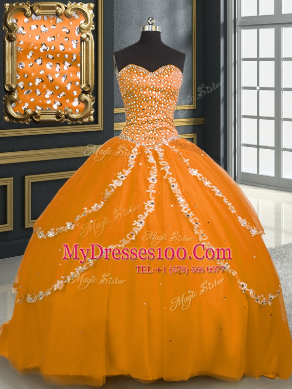Graceful Sweetheart Sleeveless Brush Train Lace Up Sweet 16 Dresses Orange Tulle