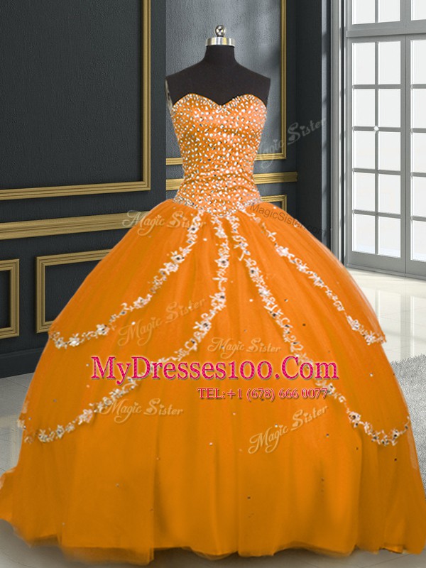 Graceful Sweetheart Sleeveless Brush Train Lace Up Sweet 16 Dresses Orange Tulle