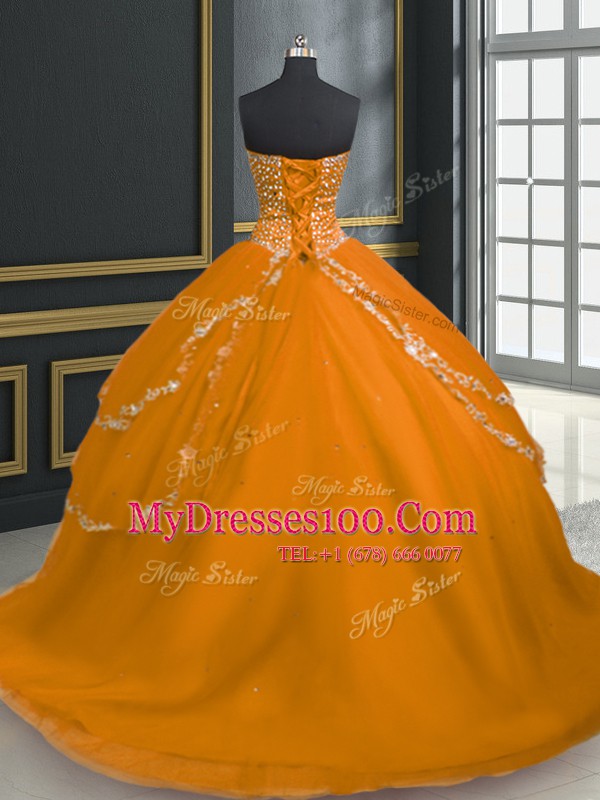 Graceful Sweetheart Sleeveless Brush Train Lace Up Sweet 16 Dresses Orange Tulle