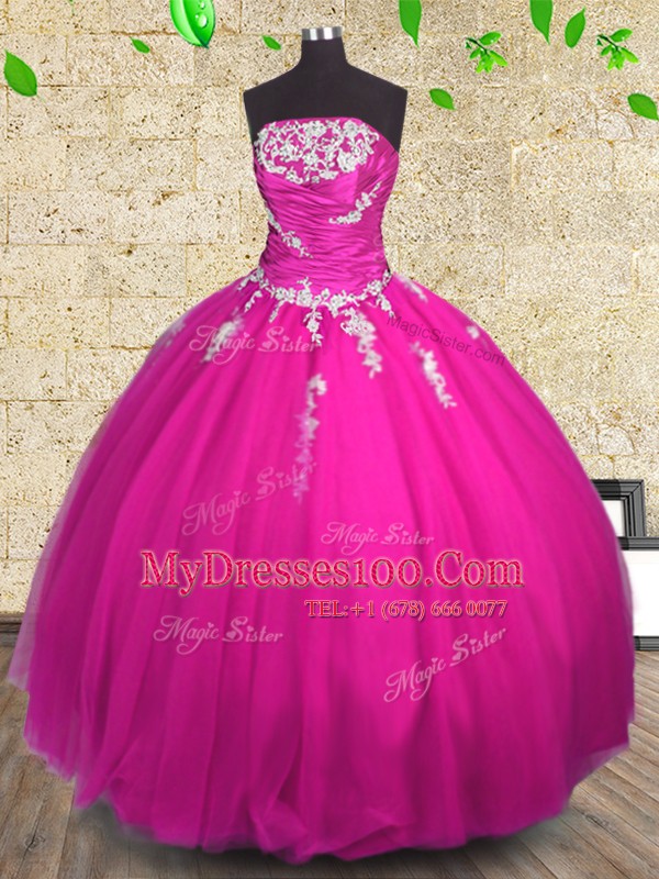 Fuchsia Ball Gowns Appliques and Ruching Sweet 16 Dress Lace Up Tulle Sleeveless Floor Length