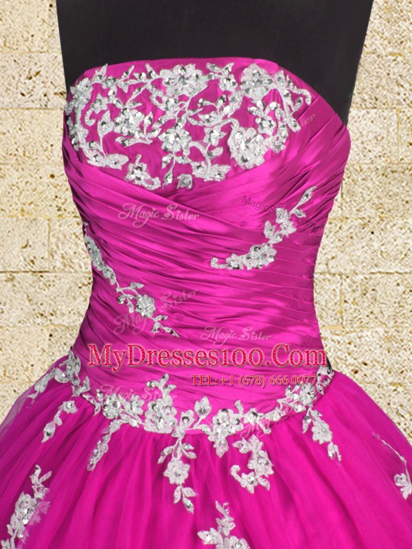 Fuchsia Ball Gowns Appliques and Ruching Sweet 16 Dress Lace Up Tulle Sleeveless Floor Length