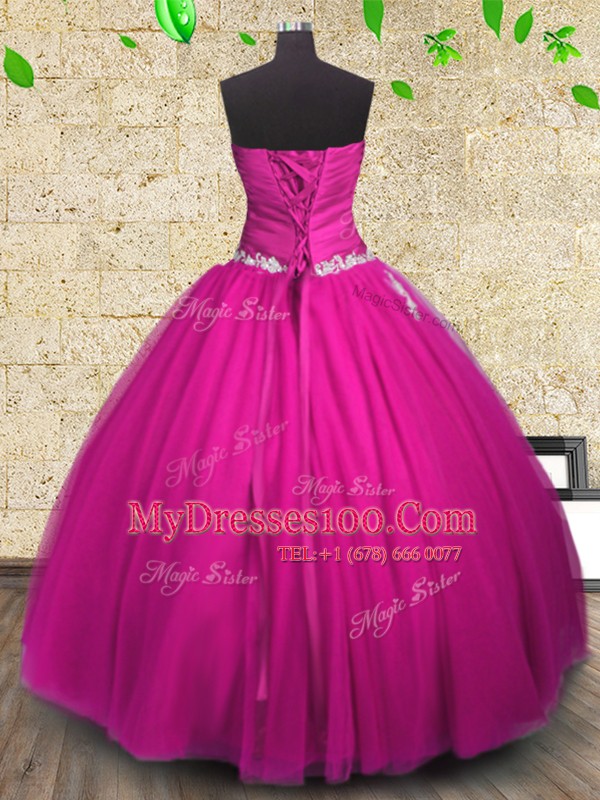 Fuchsia Ball Gowns Appliques and Ruching Sweet 16 Dress Lace Up Tulle Sleeveless Floor Length