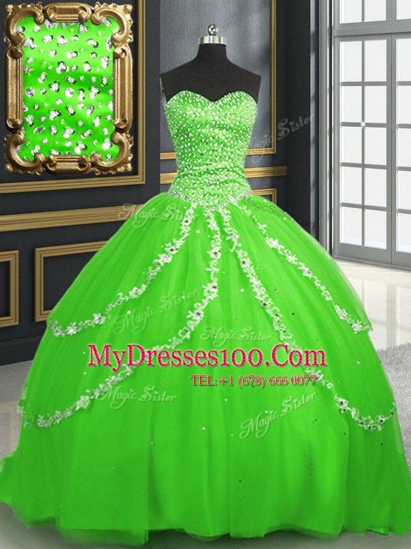 Inexpensive Tulle Sleeveless With Train Quinceanera Gown Brush Train and Beading and Appliques