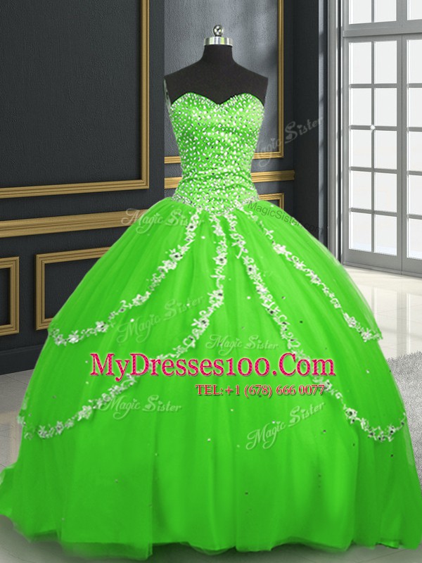 Inexpensive Tulle Sleeveless With Train Quinceanera Gown Brush Train and Beading and Appliques