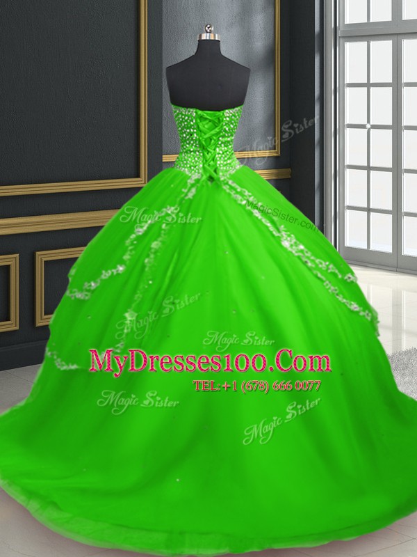 Inexpensive Tulle Sleeveless With Train Quinceanera Gown Brush Train and Beading and Appliques