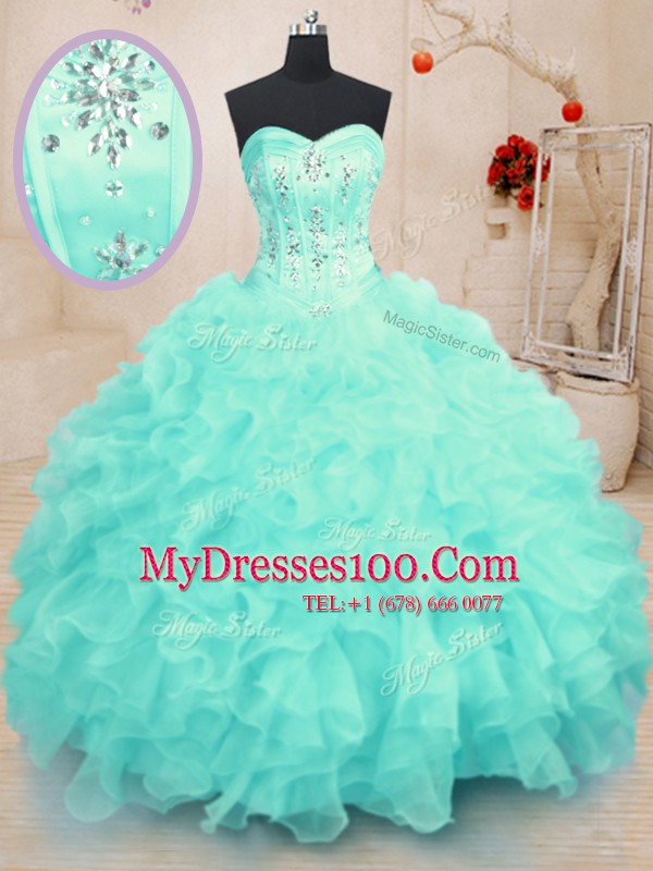 Organza Sweetheart Sleeveless Lace Up Beading and Ruffles 15 Quinceanera Dress in Turquoise