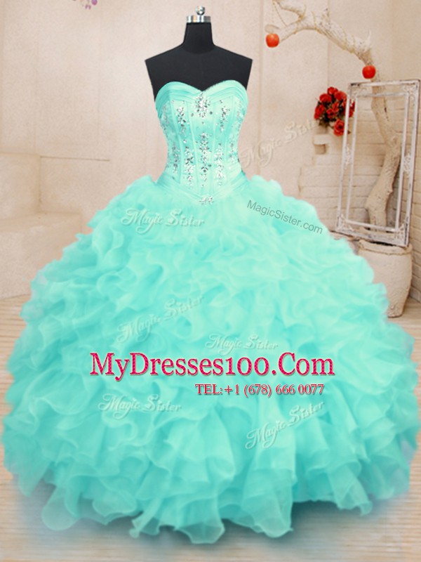 Organza Sweetheart Sleeveless Lace Up Beading and Ruffles 15 Quinceanera Dress in Turquoise