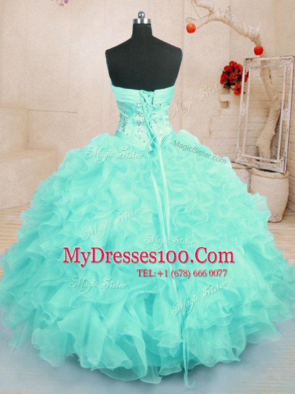 Organza Sweetheart Sleeveless Lace Up Beading and Ruffles 15 Quinceanera Dress in Turquoise